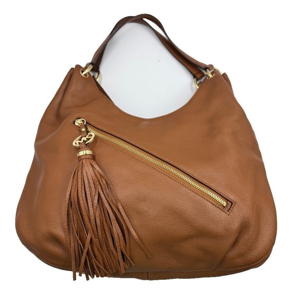 Michael Kors Brown Pebbled Leather Shoulder Hobo Bag Large Purse Tassel